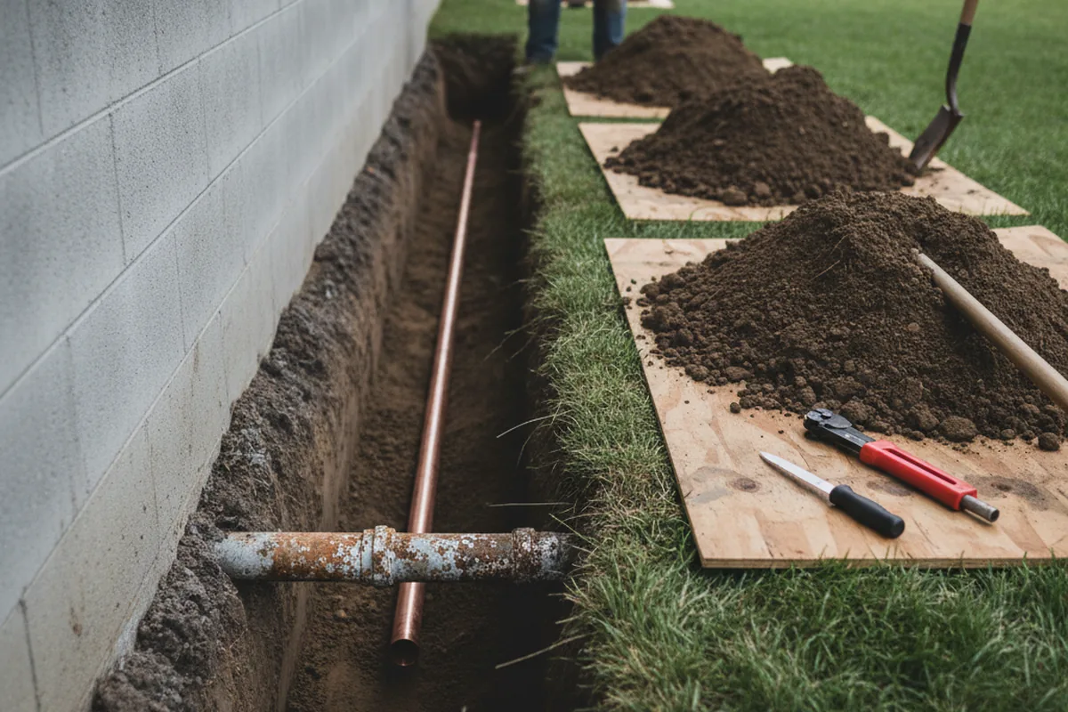 Excavated water line trench during Water Softener Installation in Denair